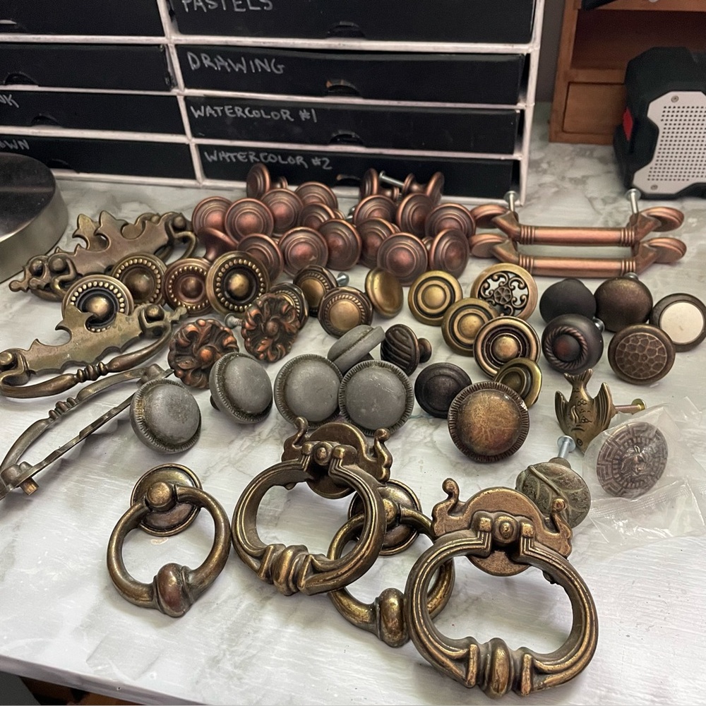 Vintage cabinet knob lot - brass knobs pulls antique copper reclaimed farmhouse